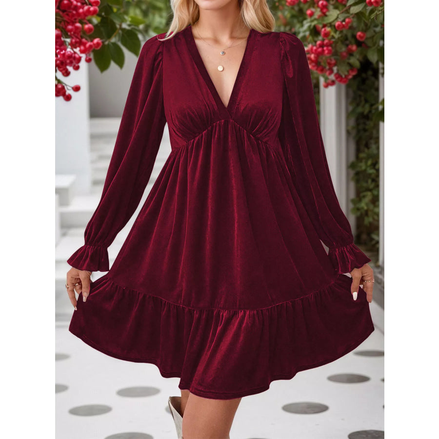 Velvet V-Neck Long Sleeve Ruffle Hem Mini Dress Wine Red / S Apparel and Accessories
