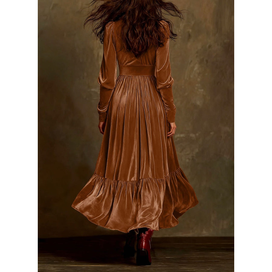 Velvet V-Neck Long Sleeve Ruffled Dress Apparel and Accessories