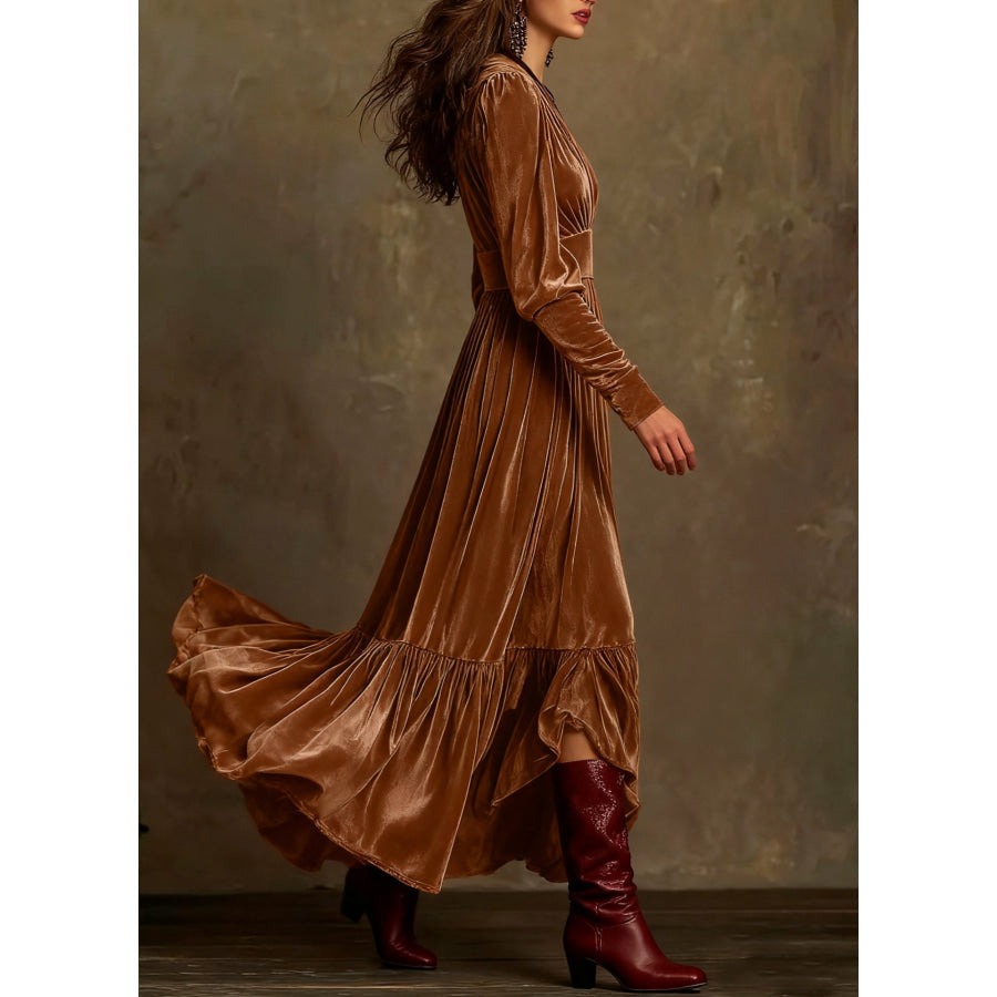 Velvet V-Neck Long Sleeve Ruffled Dress Apparel and Accessories