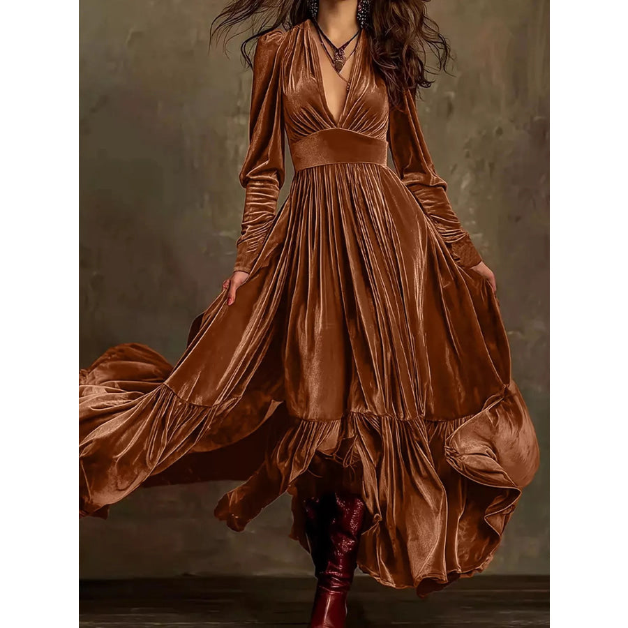 Velvet V-Neck Long Sleeve Ruffled Dress Brown / S Apparel and Accessories