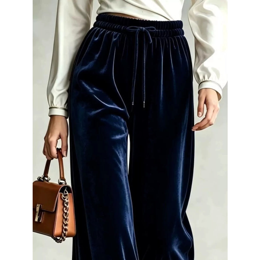 Velvet Wide-Leg Pants with Drawstring Apparel and Accessories