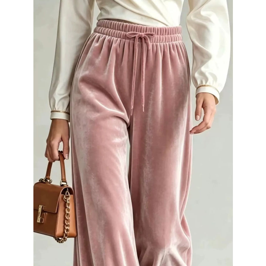 Velvet Wide-Leg Pants with Drawstring Apparel and Accessories