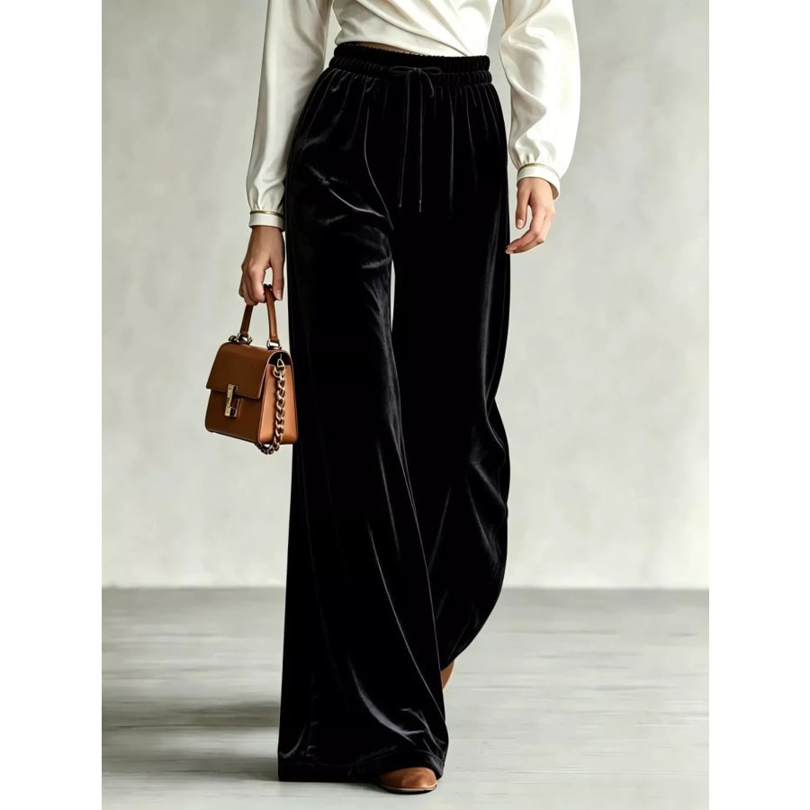 Velvet Wide-Leg Pants with Drawstring Black / XS Apparel and Accessories