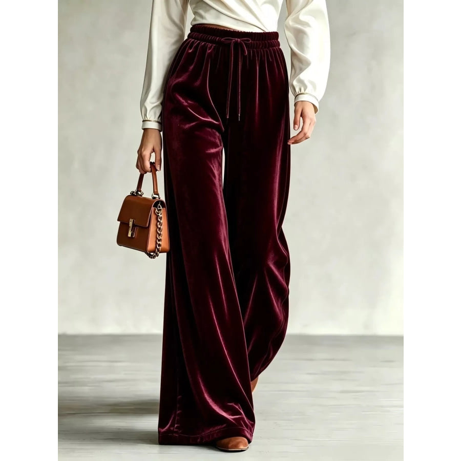 Velvet Wide-Leg Pants with Drawstring Burgundy / XS Apparel and Accessories