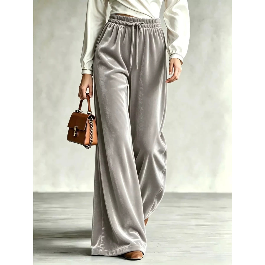 Velvet Wide-Leg Pants with Drawstring Gray / XS Apparel and Accessories
