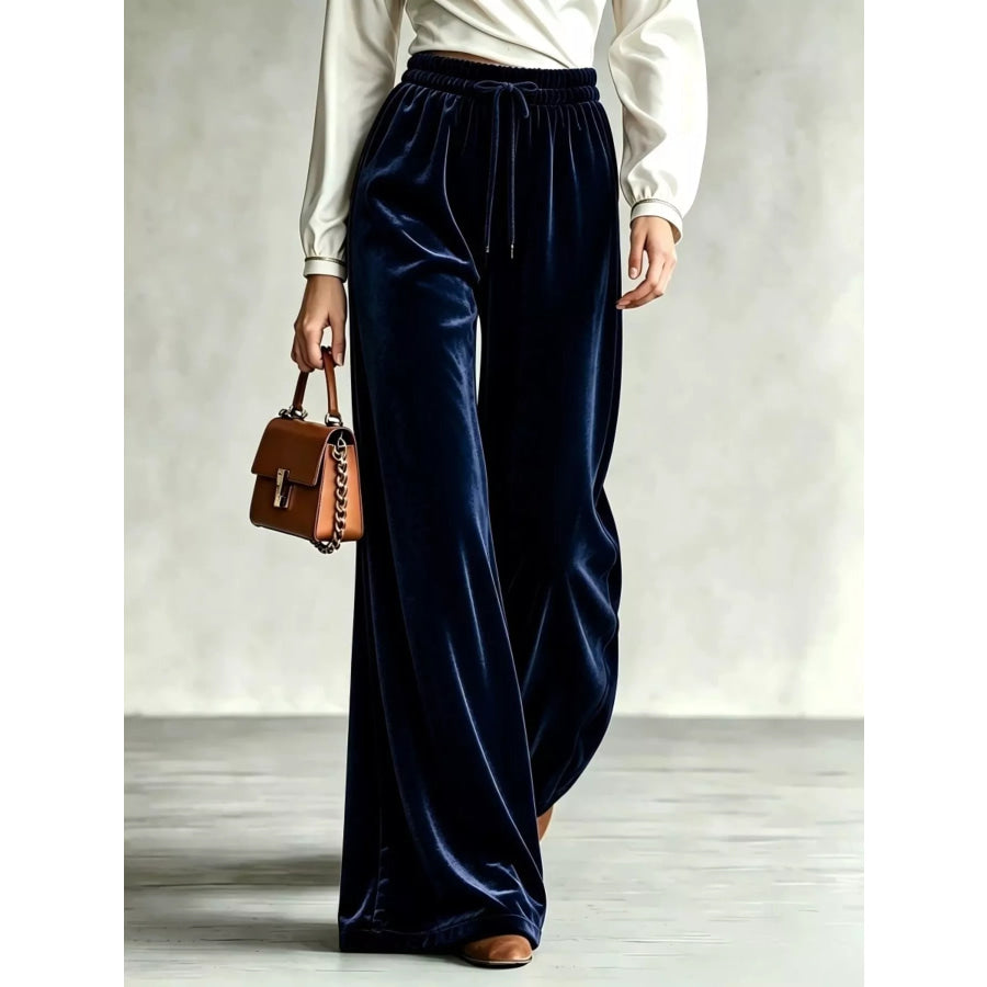 Velvet Wide-Leg Pants with Drawstring Navy / XS Apparel and Accessories