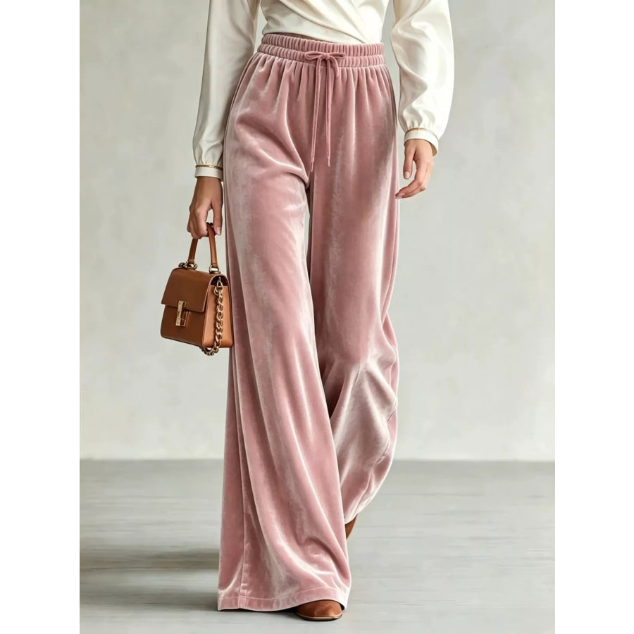 Velvet Wide-Leg Pants with Drawstring Pink / XS Apparel and Accessories
