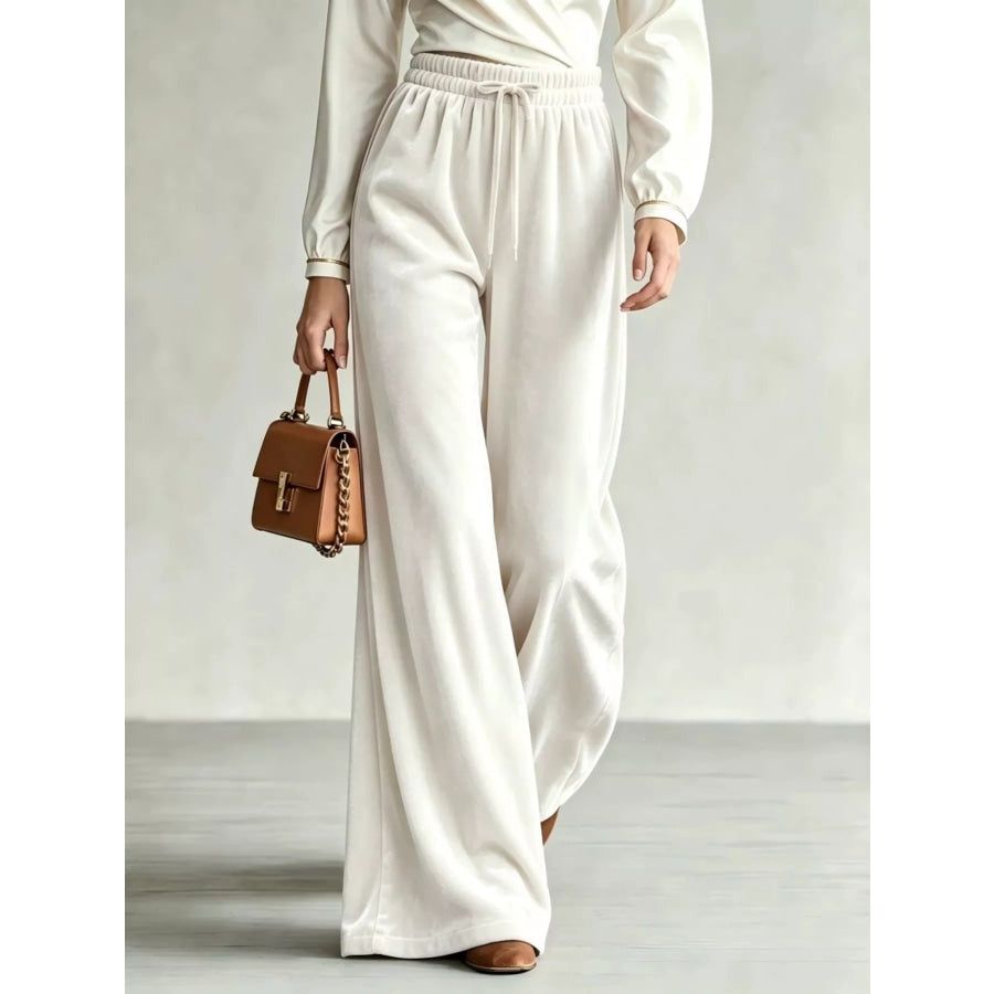 Velvet Wide-Leg Pants with Drawstring White / XS Apparel and Accessories