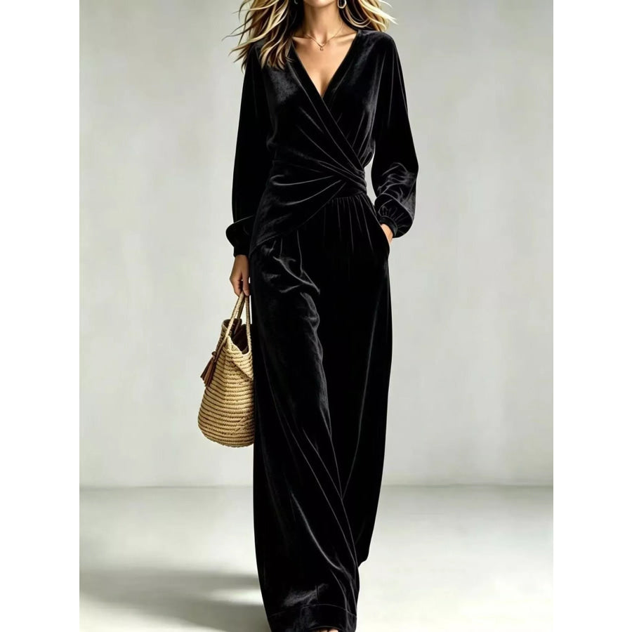 Velvet Wrap-Front Top and Pants Set Black / S Apparel Accessories