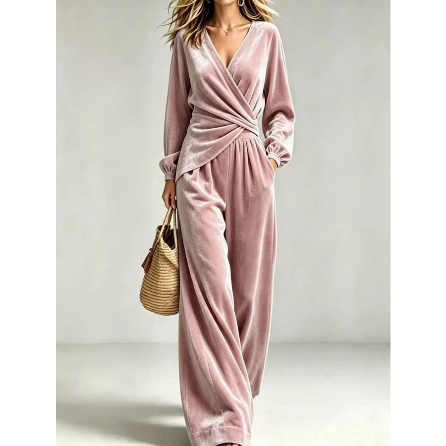Velvet Wrap-Front Top and Pants Set Dusty Pink / S Apparel Accessories