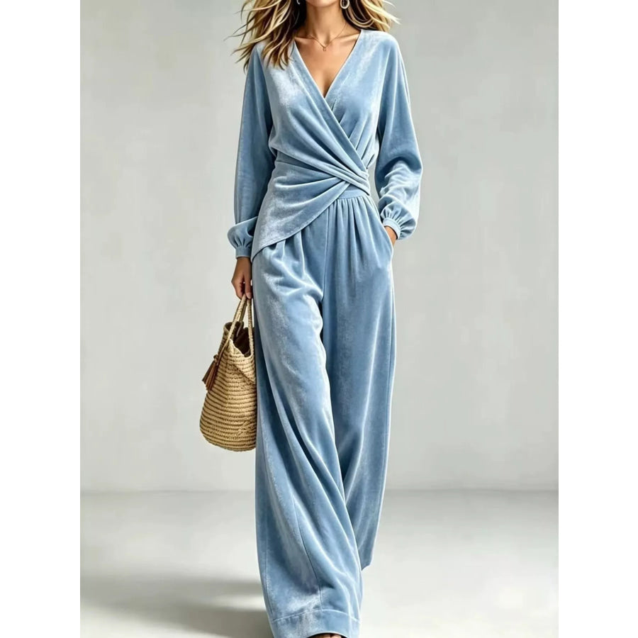 Velvet Wrap-Front Top and Pants Set Light Blue / S Apparel Accessories