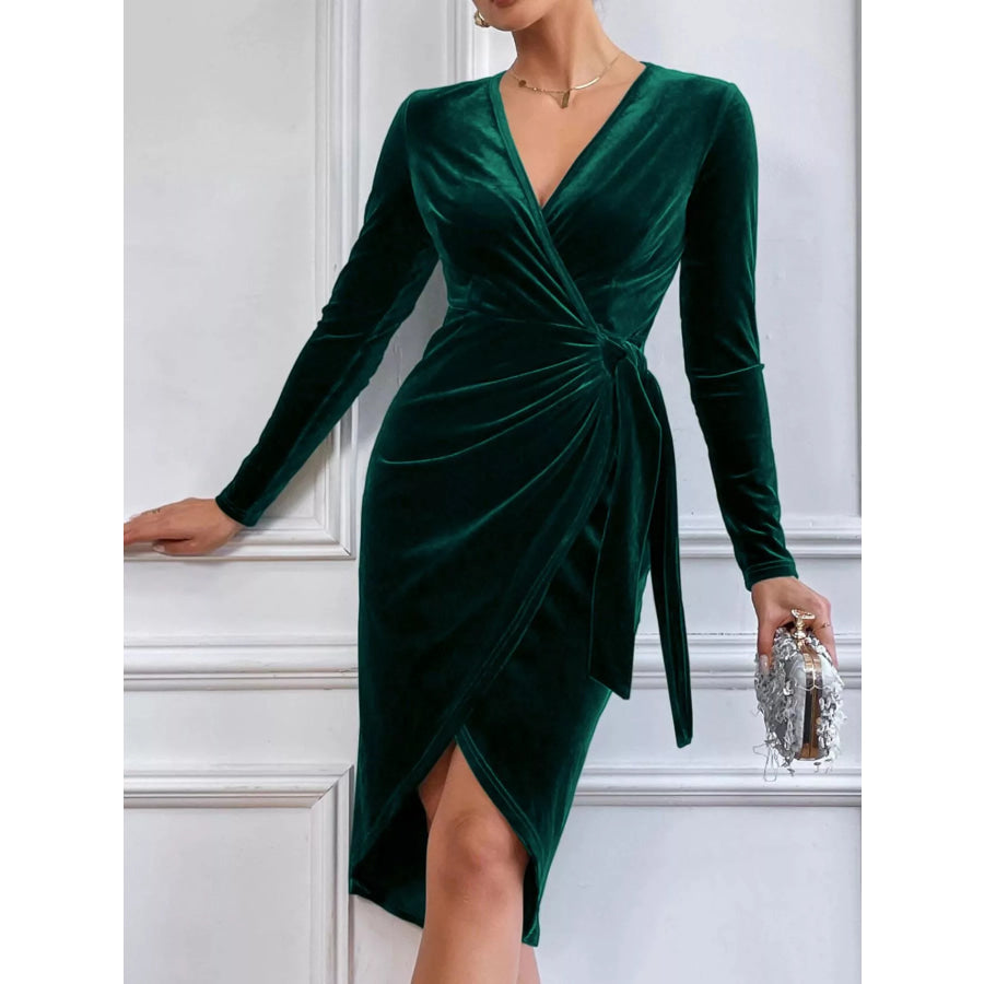 Velvet Wrap Long Sleeve Midi Dress Apparel and Accessories