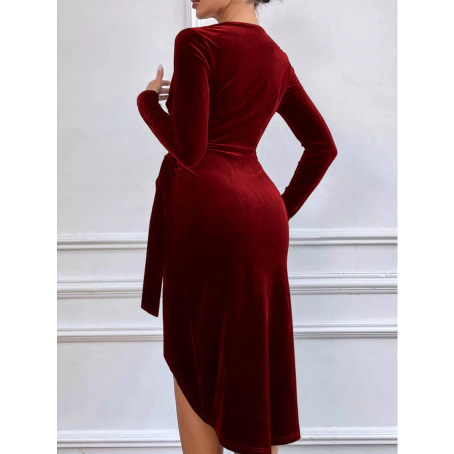 Velvet Wrap Long Sleeve Midi Dress Apparel and Accessories