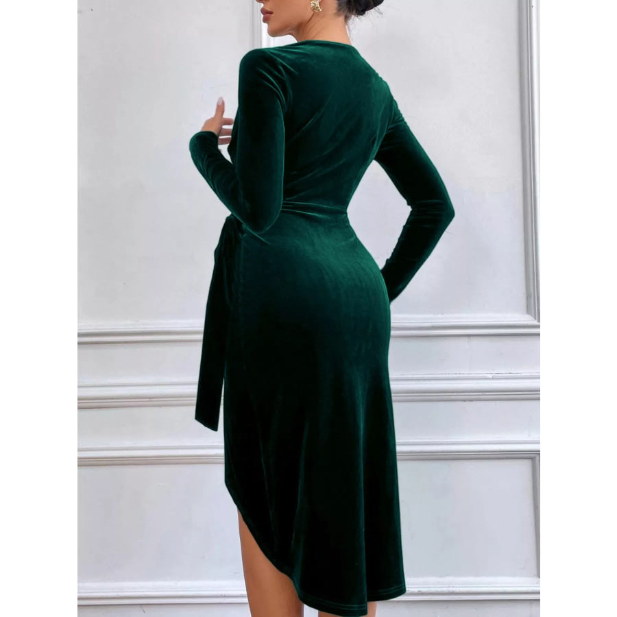Velvet Wrap Long Sleeve Midi Dress Apparel and Accessories