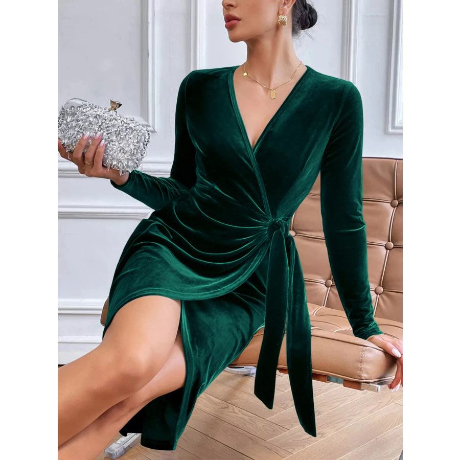 Velvet Wrap Long Sleeve Midi Dress Dark Green / XS Apparel and Accessories