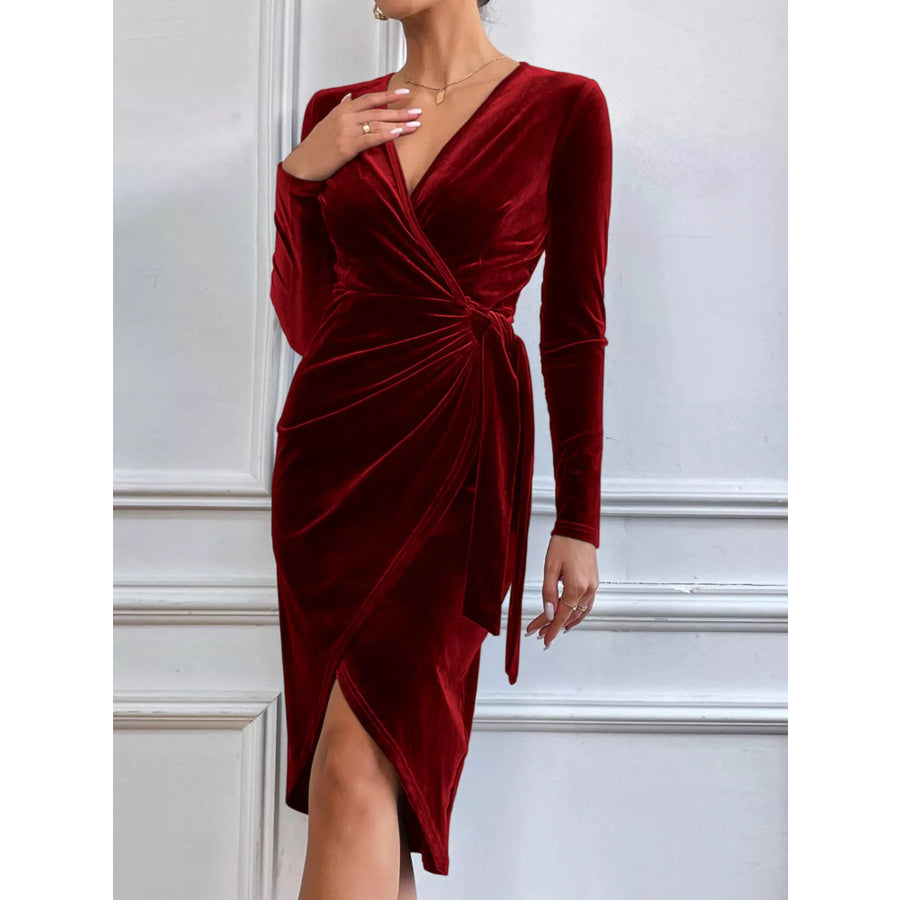 Velvet Wrap Long Sleeve Midi Dress Apparel and Accessories
