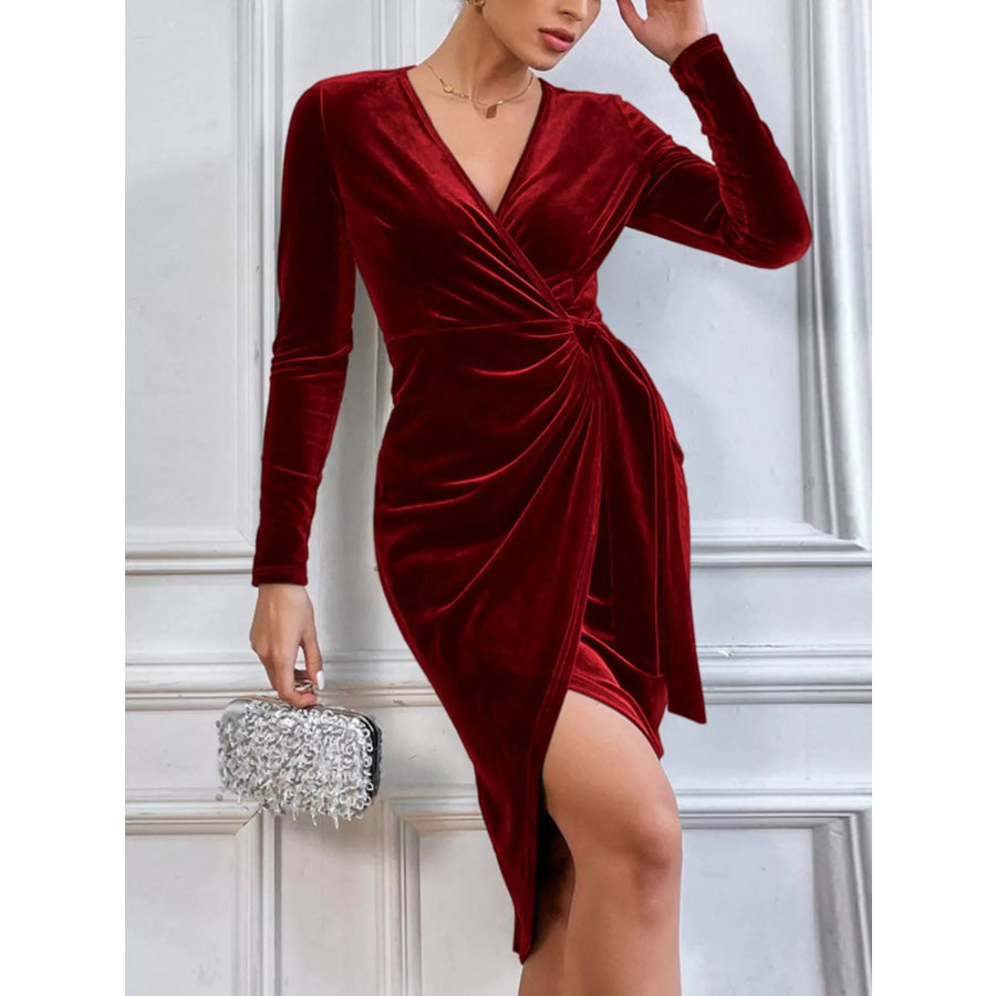 Velvet Wrap Long Sleeve Midi Dress Apparel and Accessories