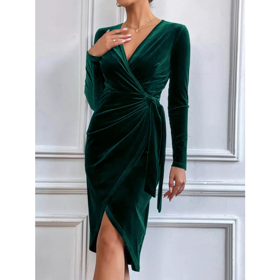 Velvet Wrap Long Sleeve Midi Dress Apparel and Accessories