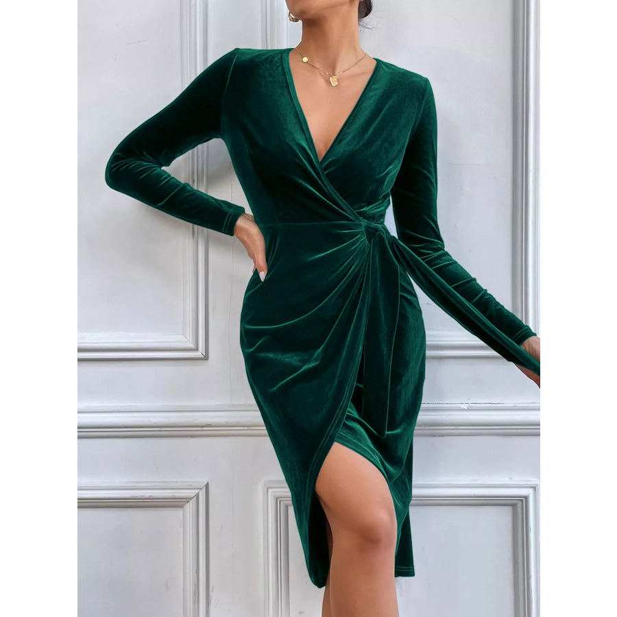 Velvet Wrap Long Sleeve Midi Dress Dark Green / XS Apparel and Accessories