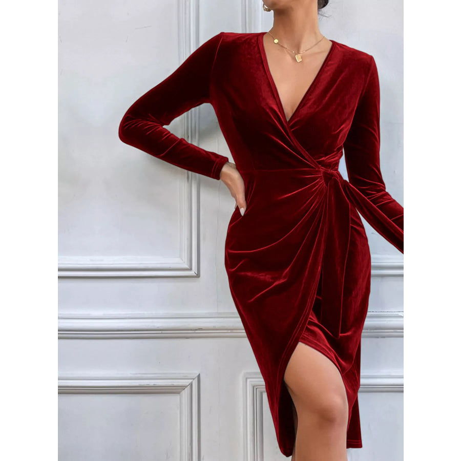 Velvet Wrap Long Sleeve Midi Dress Wine Red / XS Apparel and Accessories