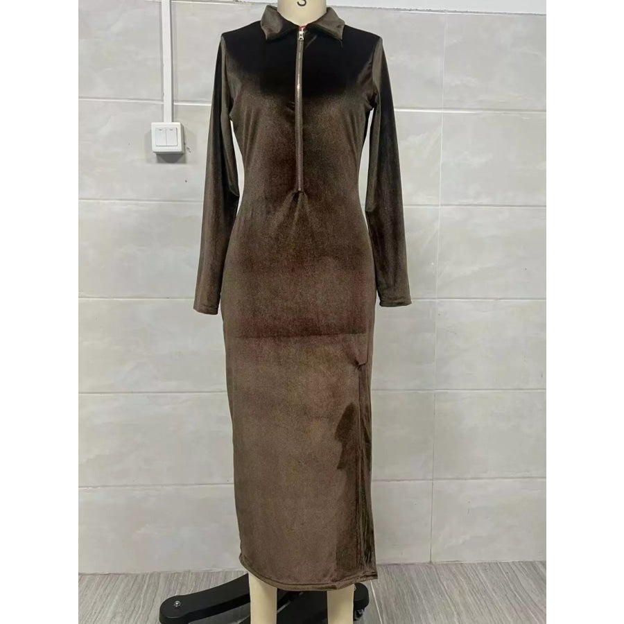 Velvet Zip-Front Slit Midi Dress Apparel and Accessories