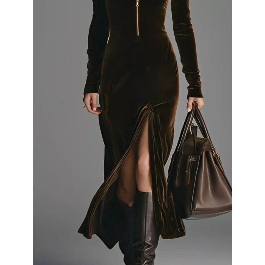 Velvet Zip-Front Slit Midi Dress Apparel and Accessories