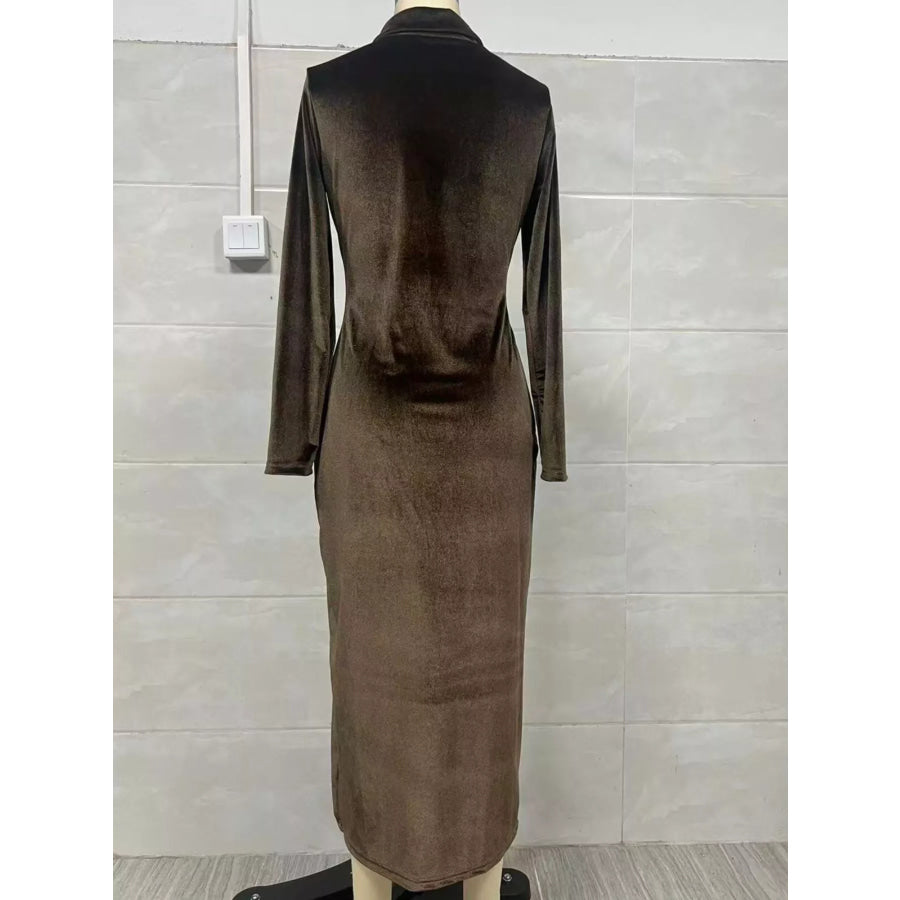 Velvet Zip-Front Slit Midi Dress Apparel and Accessories