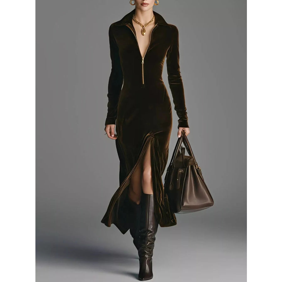 Velvet Zip-Front Slit Midi Dress Chocolate / S Apparel and Accessories