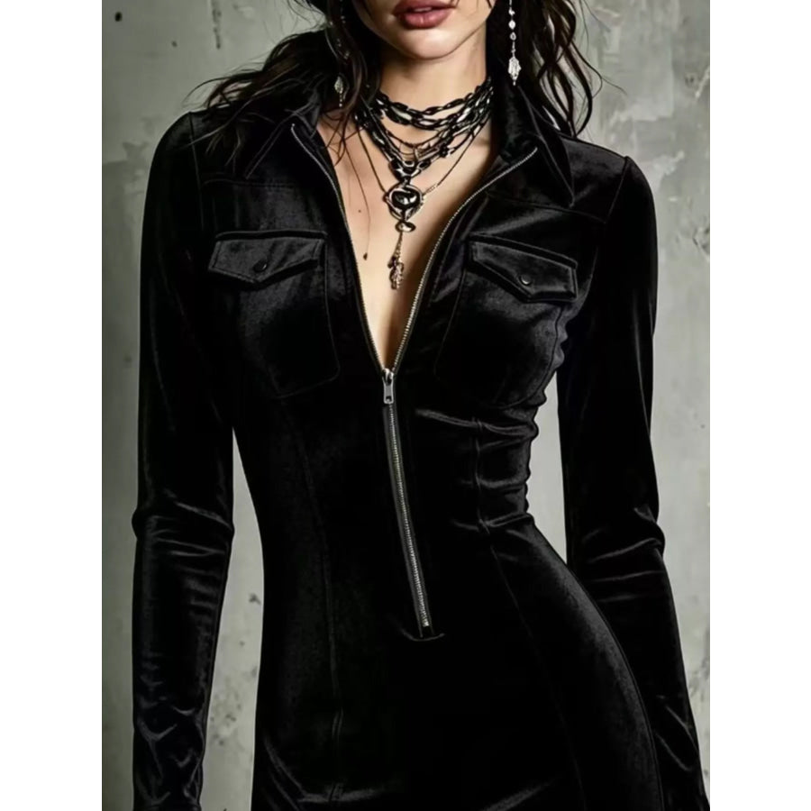 Velvet Zip-Front Utility Bodycon Mini Dress