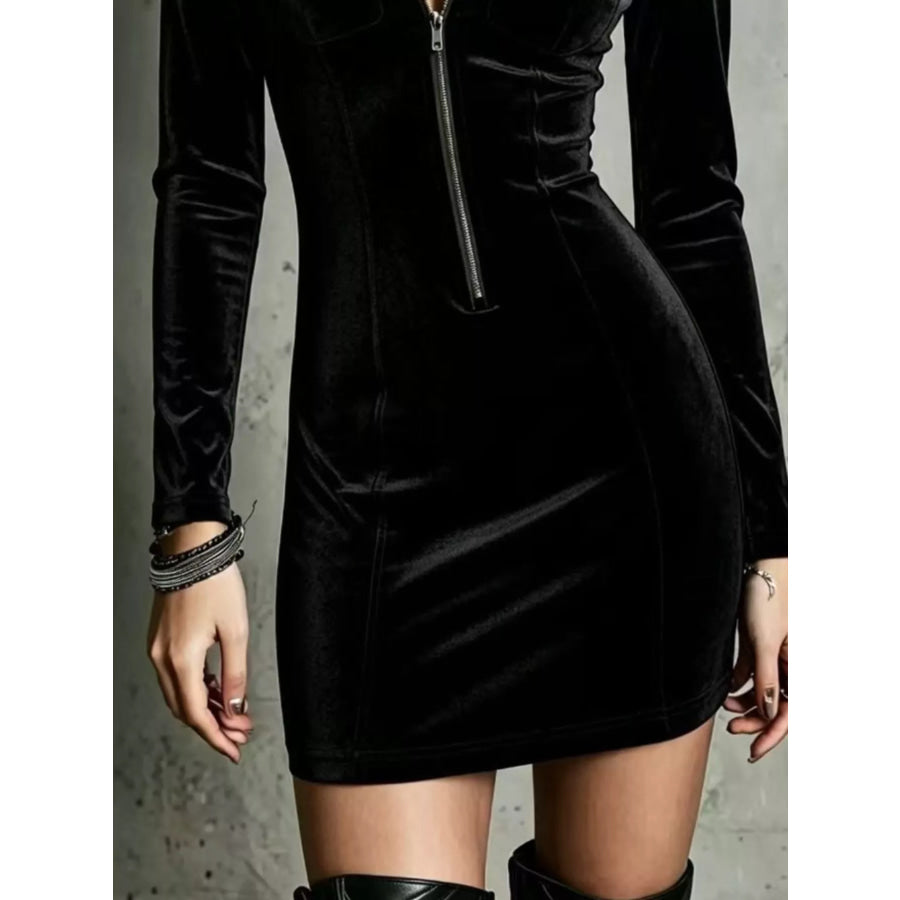Velvet Zip-Front Utility Bodycon Mini Dress