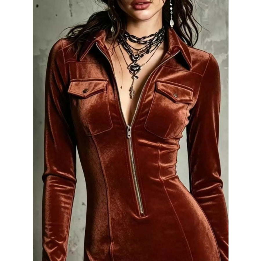Velvet Zip-Front Utility Bodycon Mini Dress