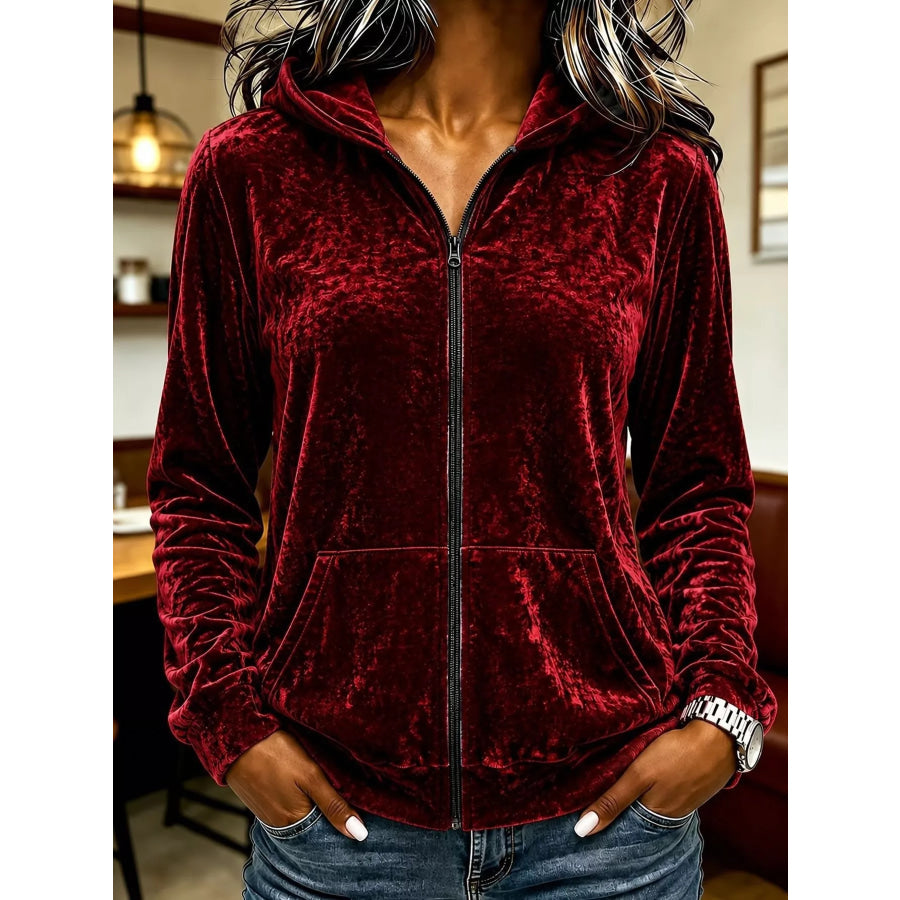Velvet Zip-Up Hoodie Burgundy / S Apparel and Accessories