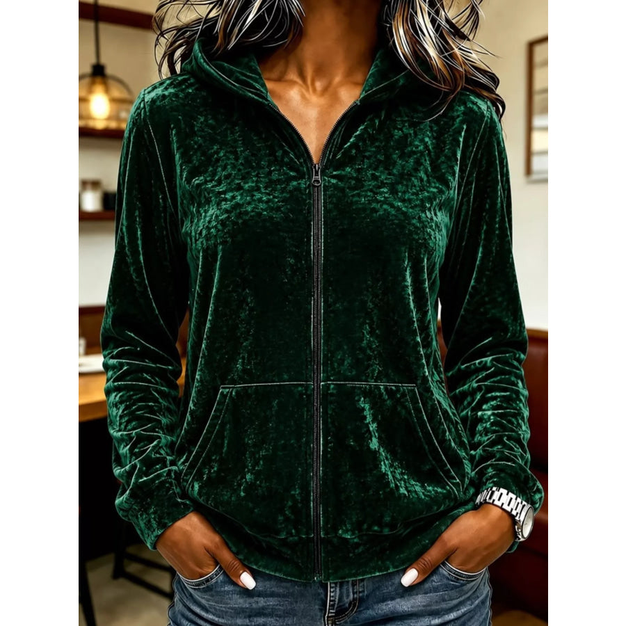 Velvet Zip-Up Hoodie Green / S Apparel and Accessories