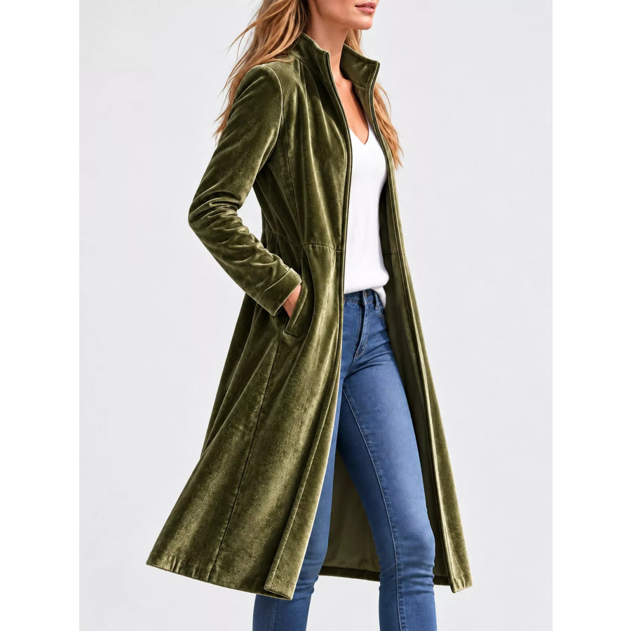 Velvet Zip Up Longline Outerwear Apparel and Accessories