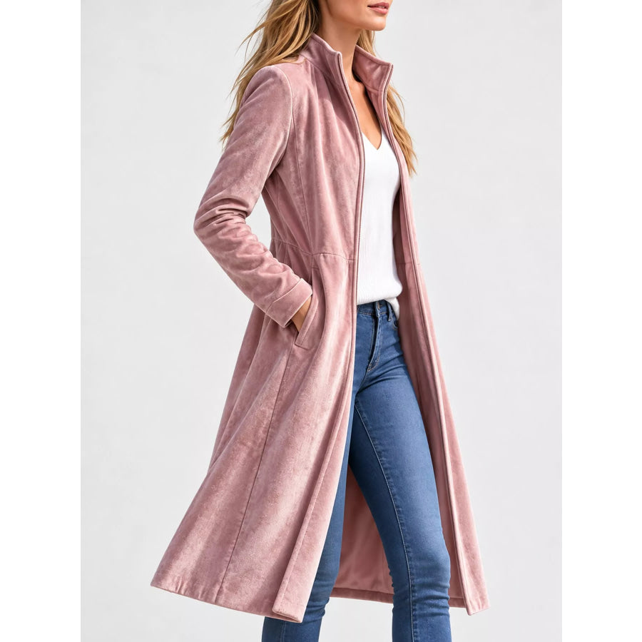 Velvet Zip Up Longline Outerwear Apparel and Accessories