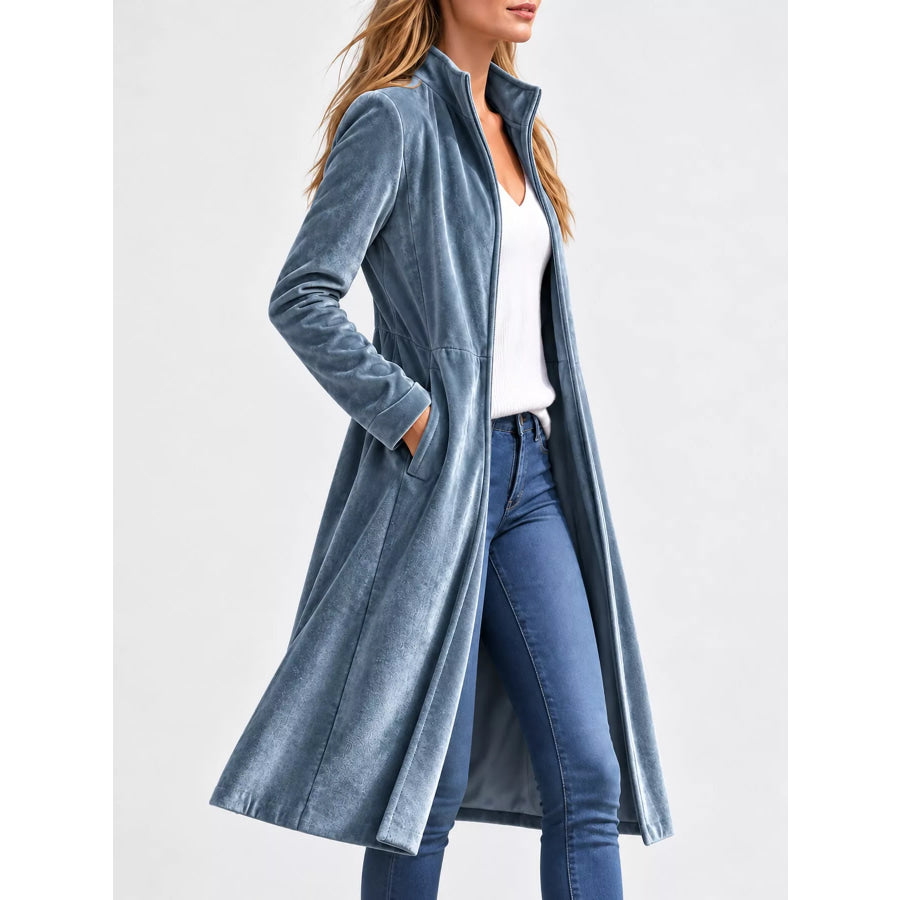 Velvet Zip Up Longline Outerwear Apparel and Accessories