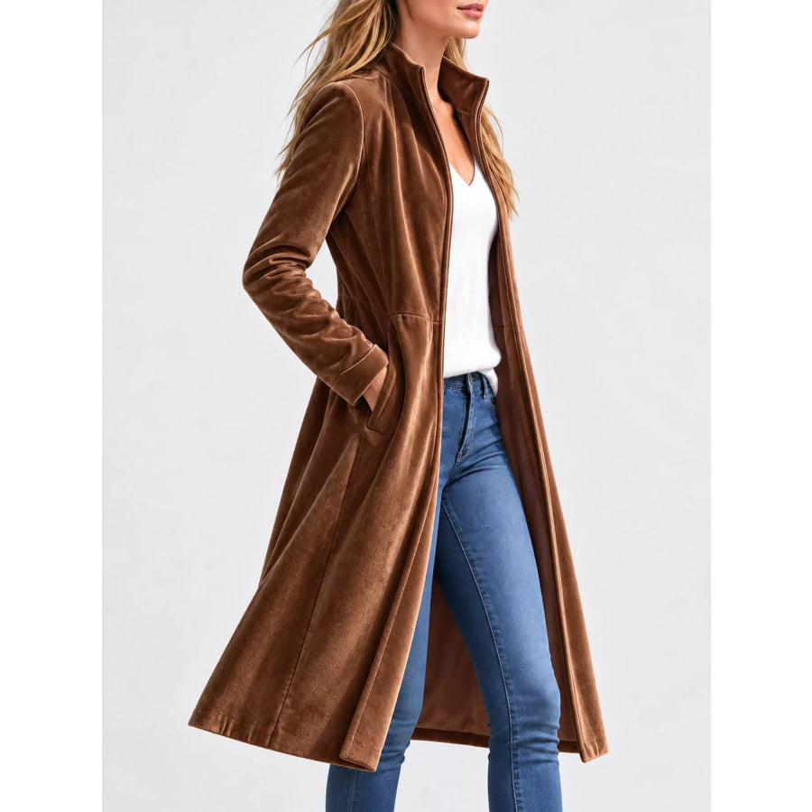 Velvet Zip Up Longline Outerwear Apparel and Accessories