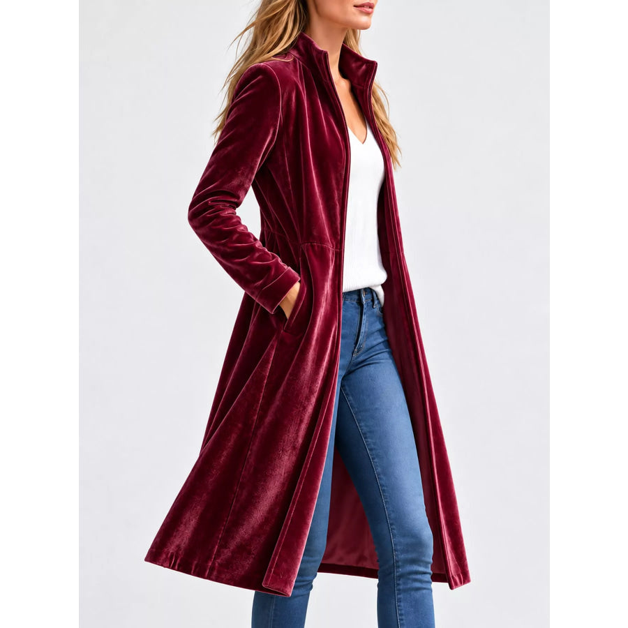 Velvet Zip Up Longline Outerwear Apparel and Accessories