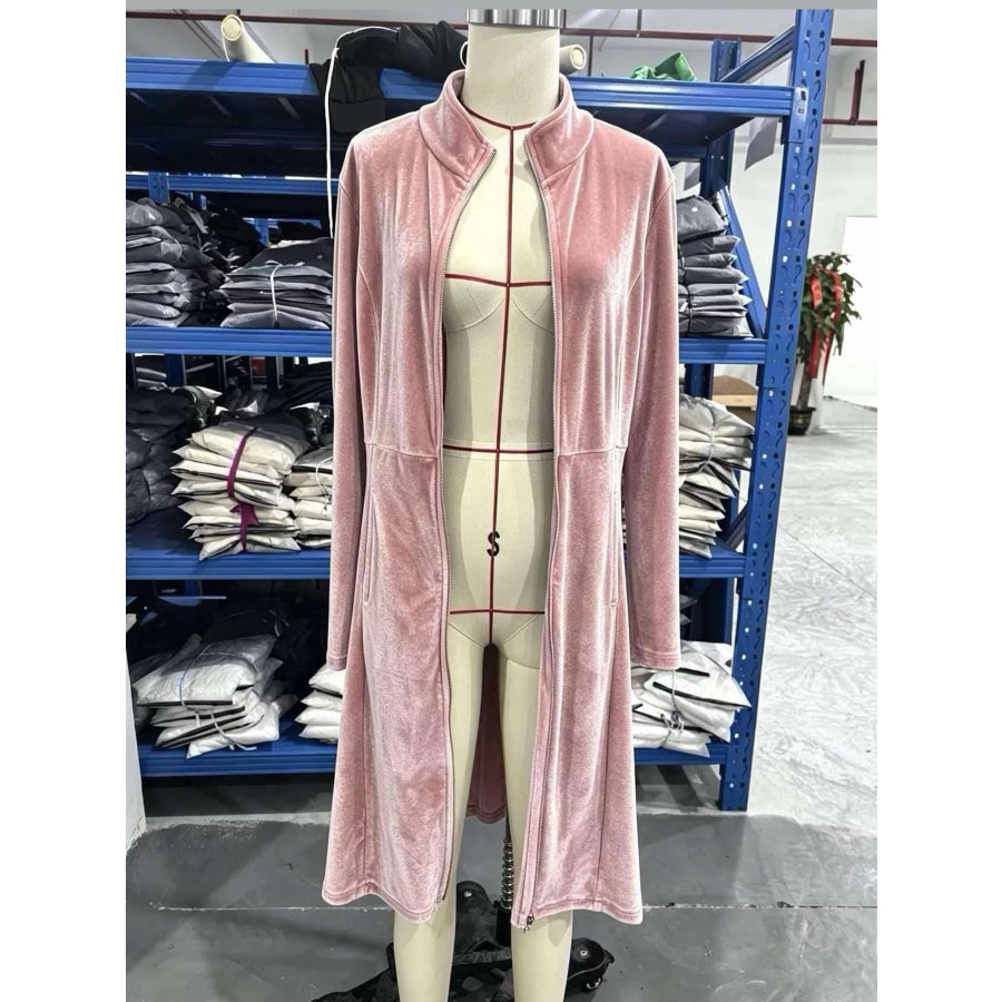 Velvet Zip Up Longline Outerwear Apparel and Accessories