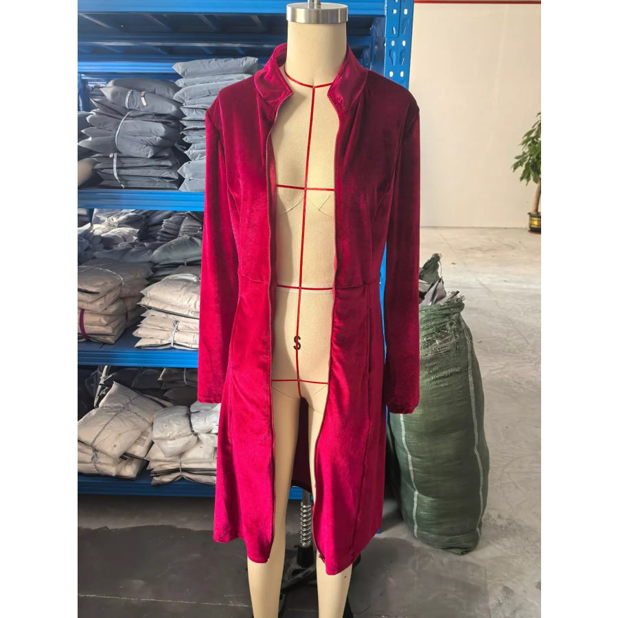 Velvet Zip Up Longline Outerwear Apparel and Accessories