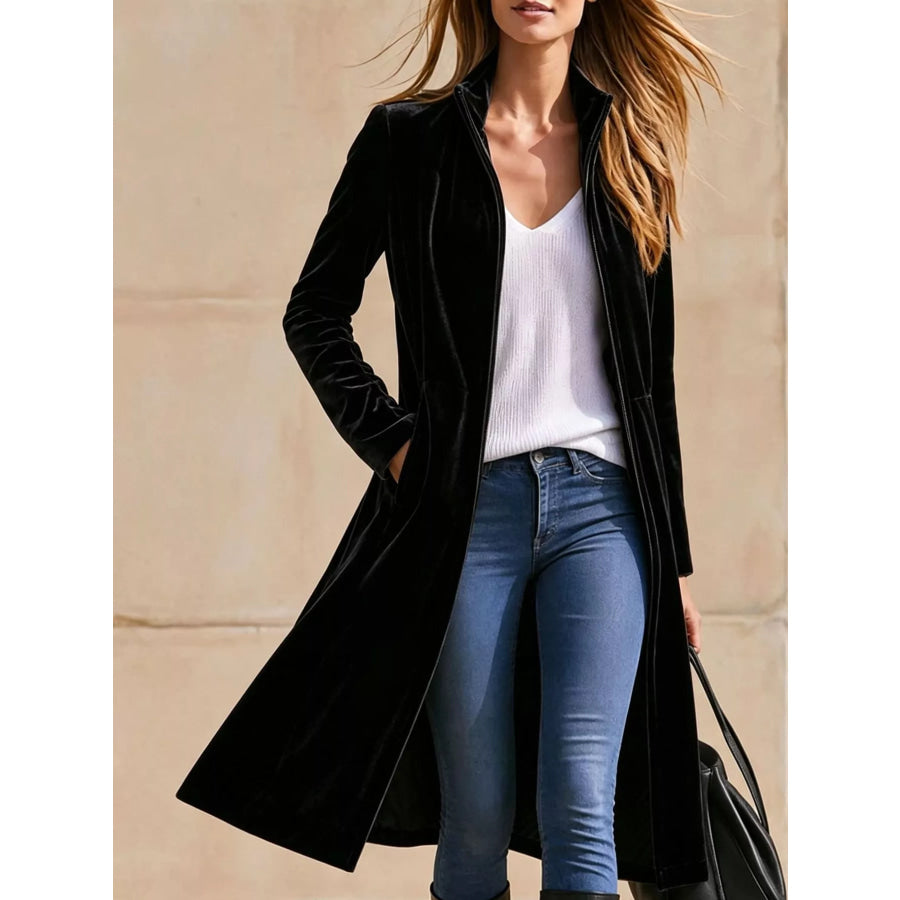 Velvet Zip Up Longline Outerwear Black / S Apparel and Accessories