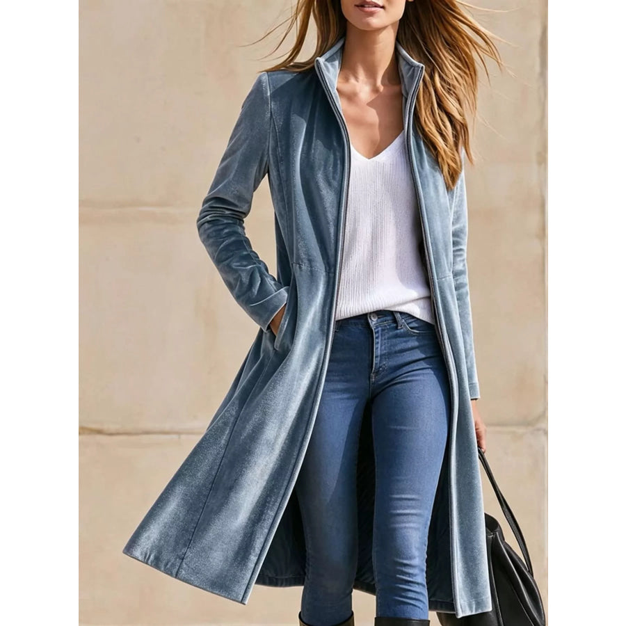 Velvet Zip Up Longline Outerwear Blue / S Apparel and Accessories