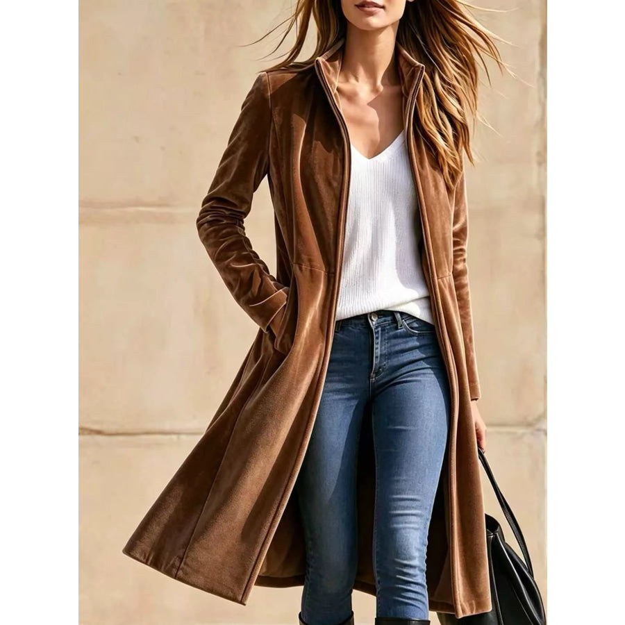 Velvet Zip Up Longline Outerwear Brown / S Apparel and Accessories