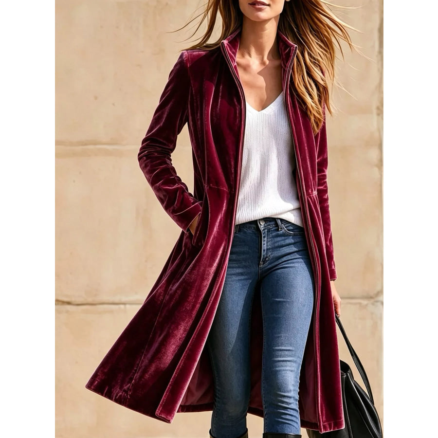 Velvet Zip Up Longline Outerwear Burgundy / S Apparel and Accessories