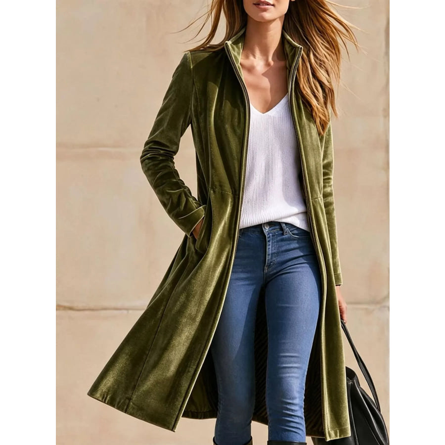 Velvet Zip Up Longline Outerwear Olive Green / S Apparel and Accessories
