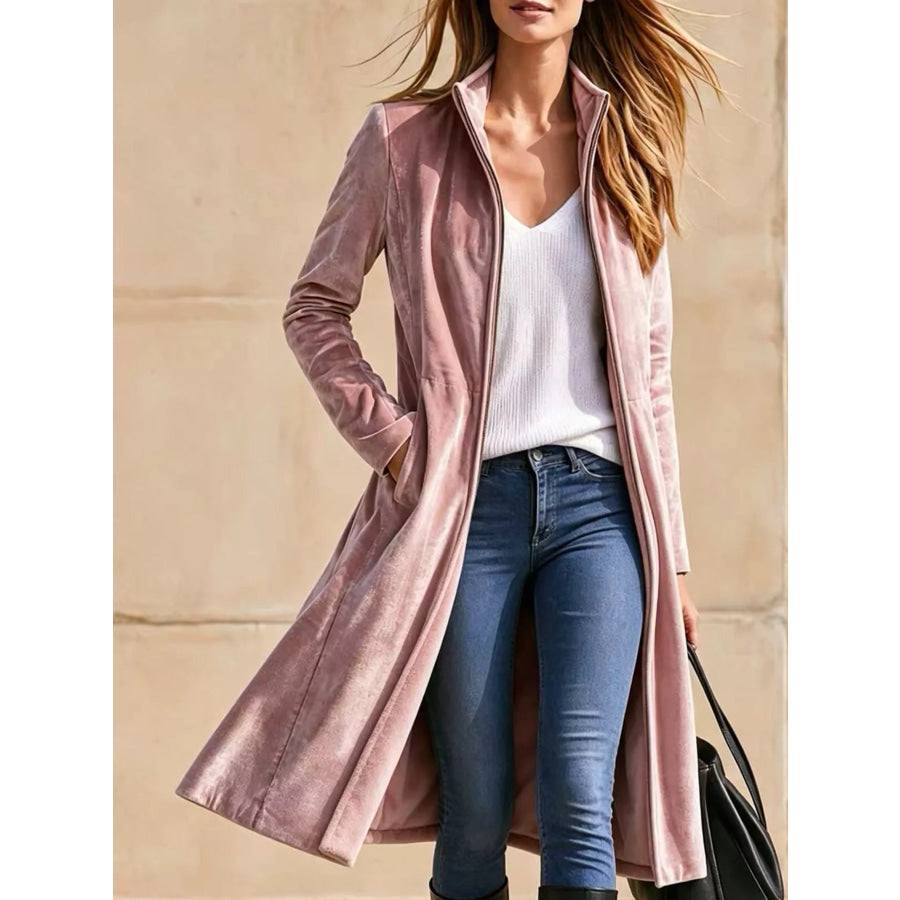 Velvet Zip Up Longline Outerwear Pink / S Apparel and Accessories