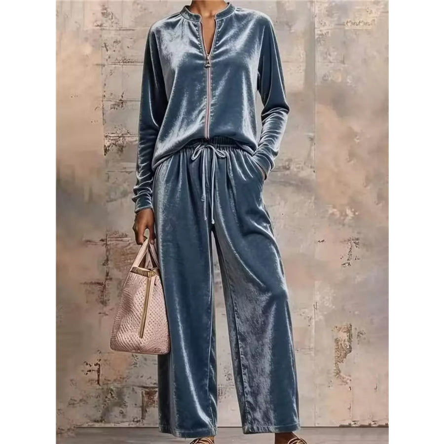 Velvet Zip-Up Top and Pants Set Air Force Blue / S Apparel and Accessories