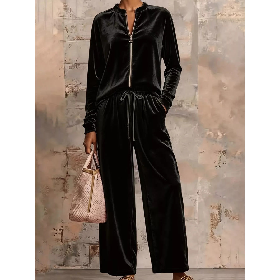 Velvet Zip-Up Top and Pants Set Black / S Apparel and Accessories