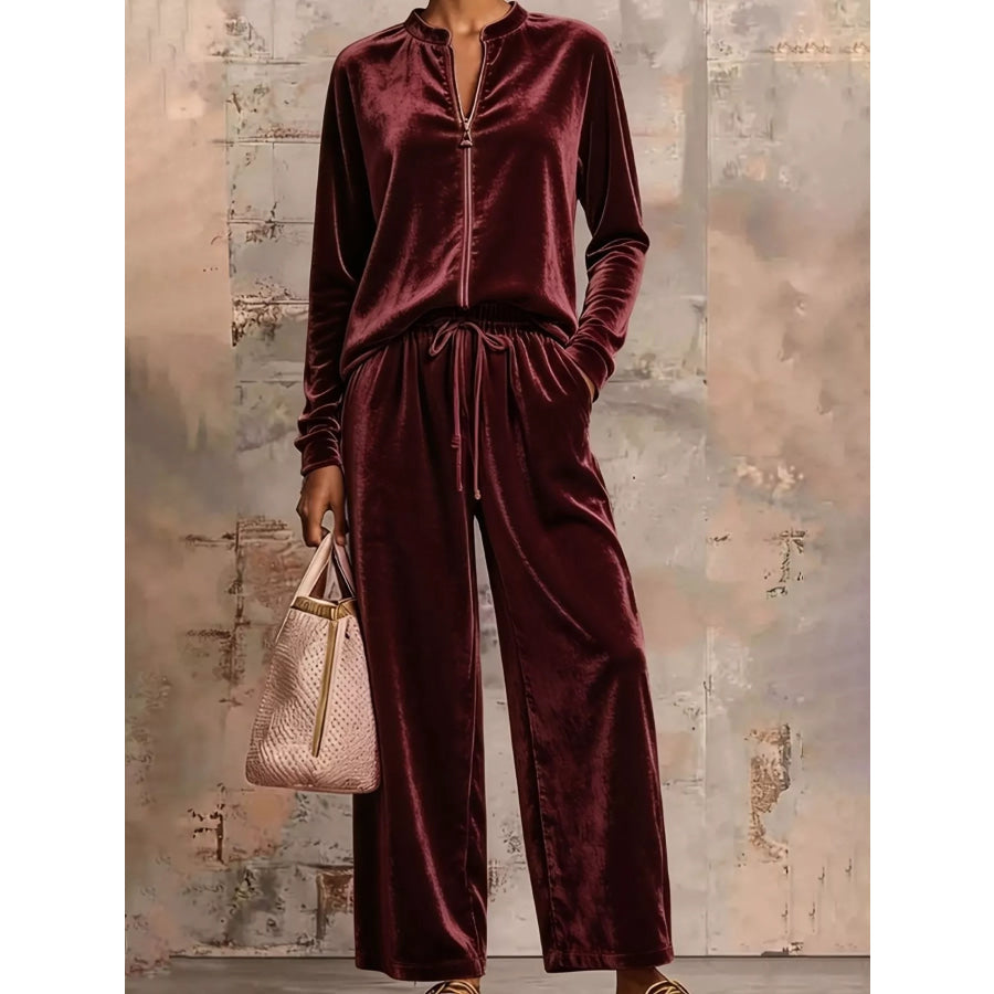 Velvet Zip-Up Top and Pants Set Burgundy / S Apparel and Accessories