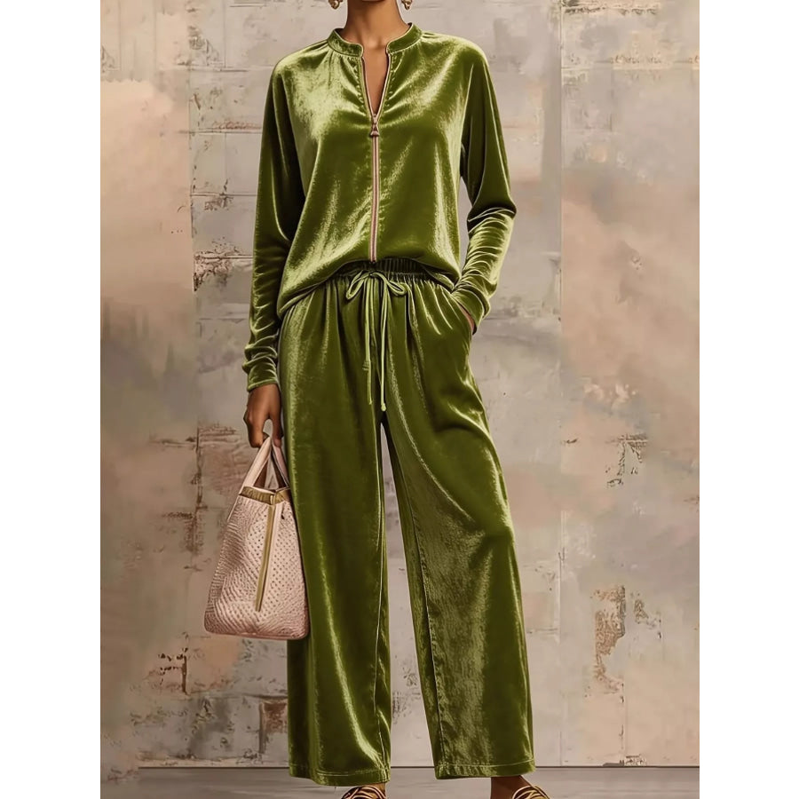 Velvet Zip-Up Top and Pants Set Green / S Apparel and Accessories